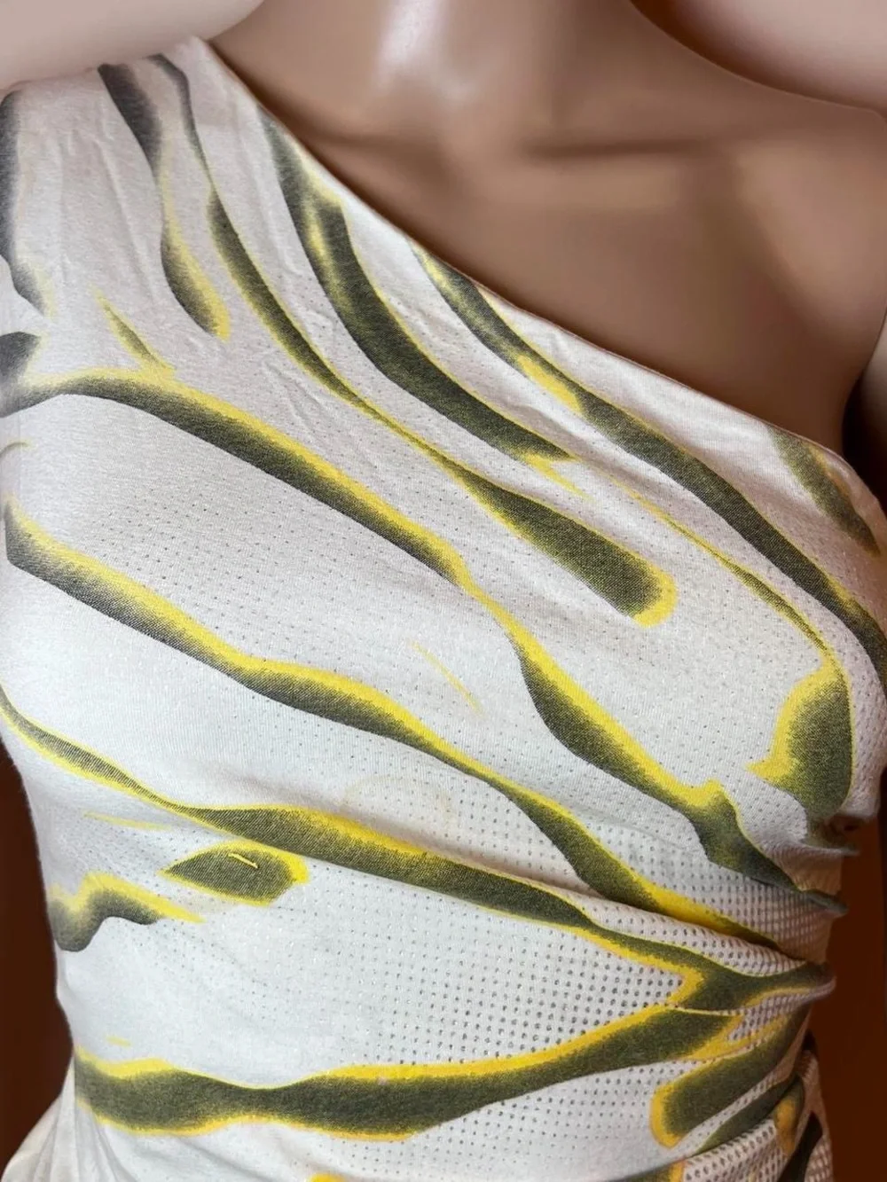 Cache One-Shoulder White Dress with Olive and Brown Abstract Print